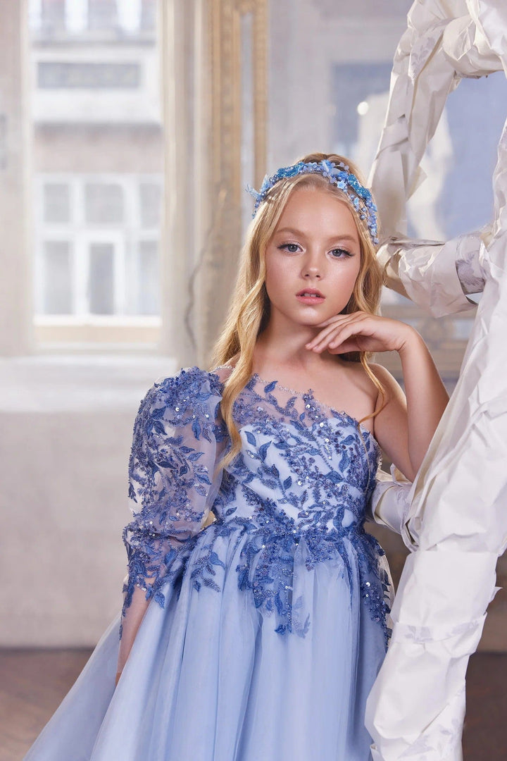 Sunnypetal Exquisite One Shoulder Long Sleeve Sequin Flower Girl Dress for Special Occasion