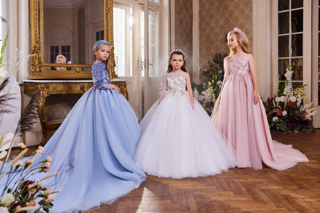 Sunnypetal Exquisite One Shoulder Long Sleeve Sequin Flower Girl Dress for Special Occasion