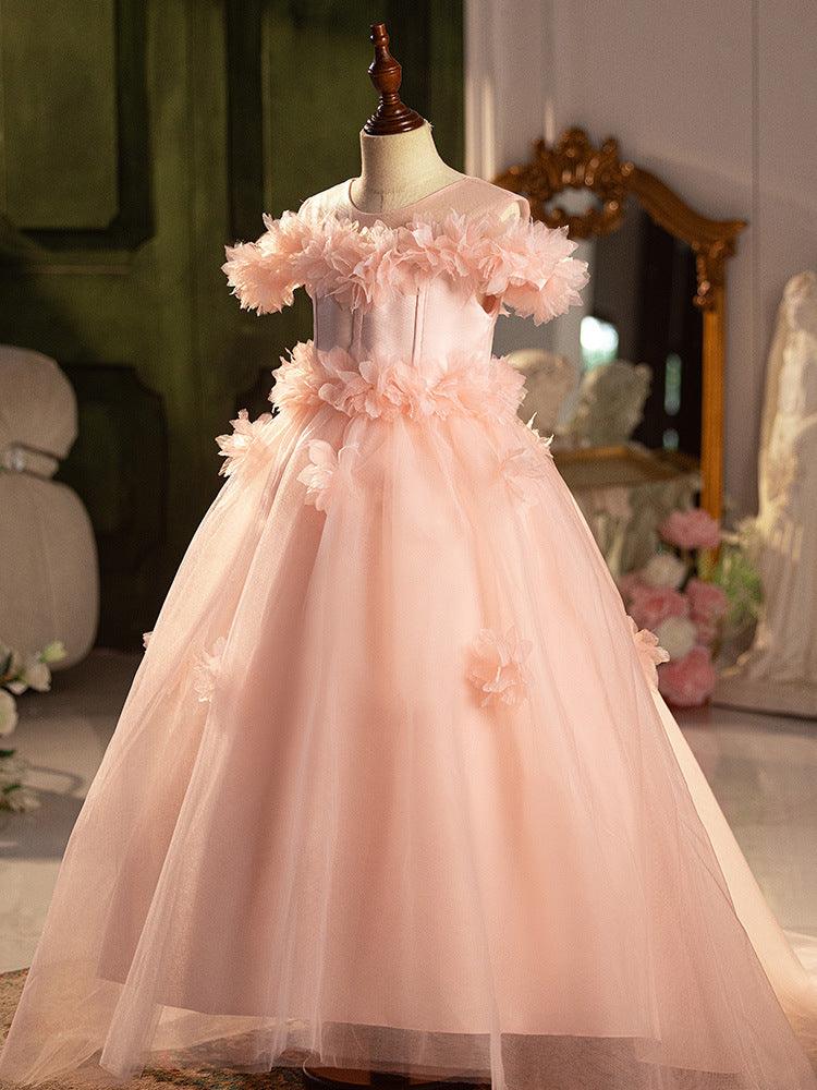 Sunnypetal Exquisite Pink 3D Flower Long Tulle Flower Girl Dresses