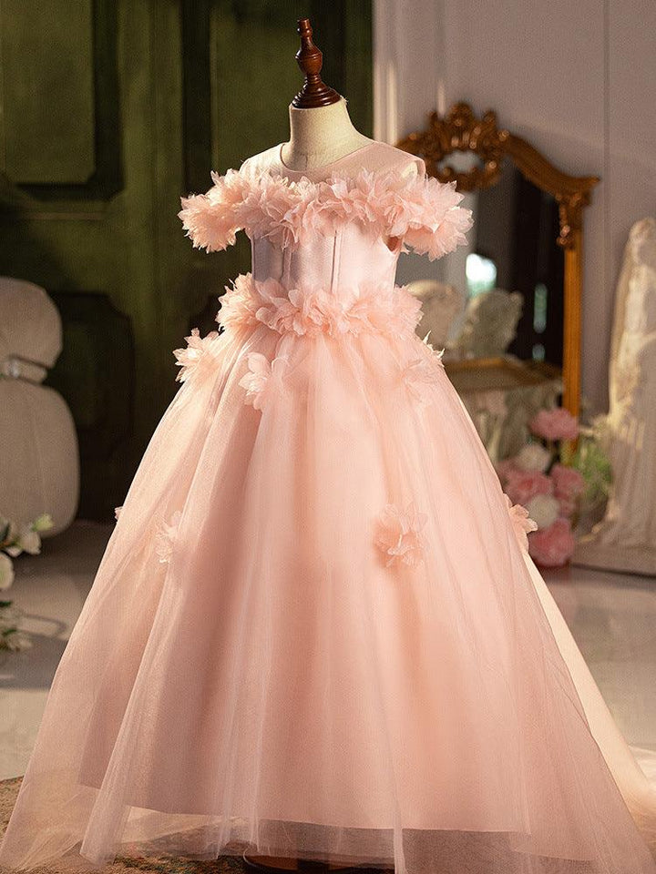 Sunnypetal Exquisite Pink 3D Flower Long Tulle Flower Girl Dresses