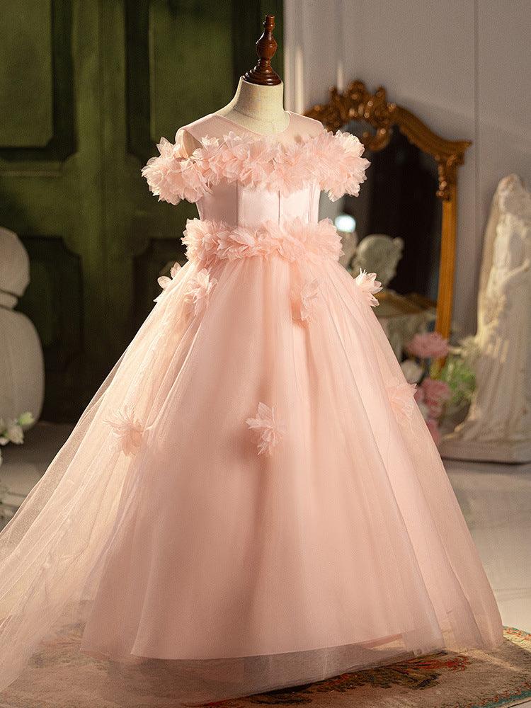 Sunnypetal Exquisite Pink 3D Flower Long Tulle Flower Girl Dresses