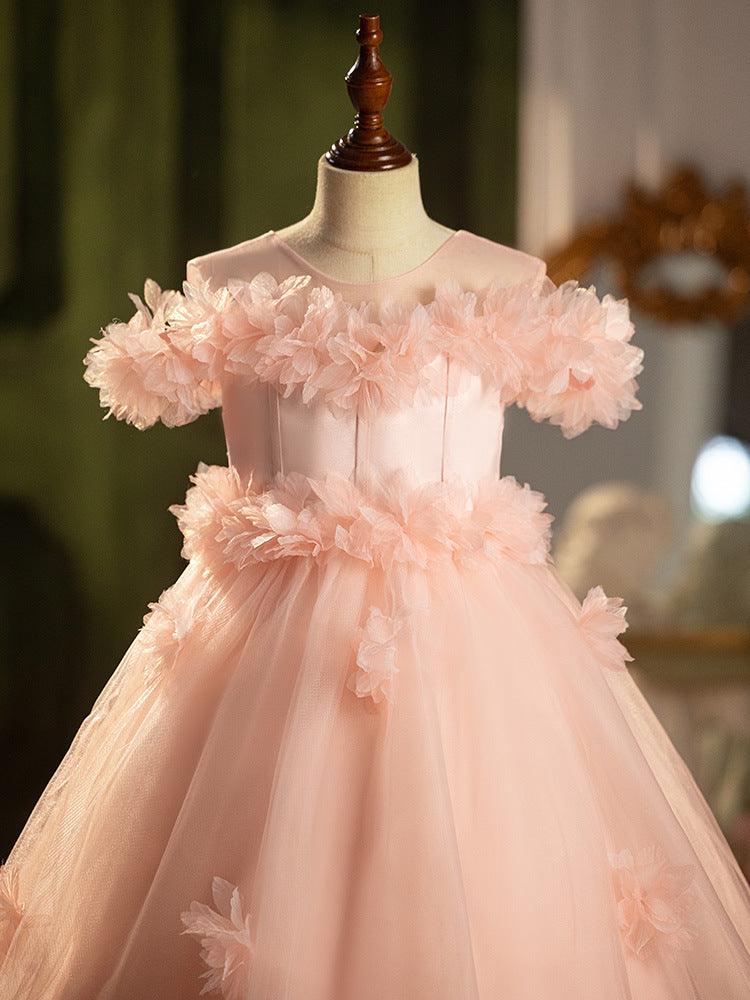 Sunnypetal Exquisite Pink 3D Flower Long Tulle Flower Girl Dresses