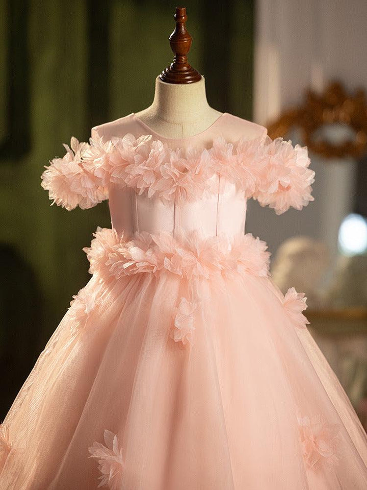 Sunnypetal Exquisite Pink 3D Flower Long Tulle Flower Girl Dresses