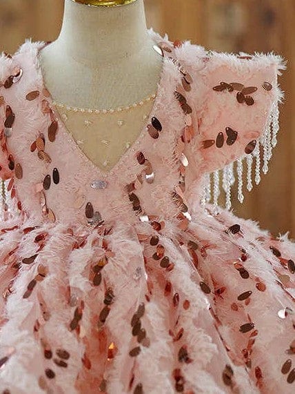 Sunnypetal Exquisite Pink Beaded Tassels Sequin Feather Knee-Length Flower Girl Dresses
