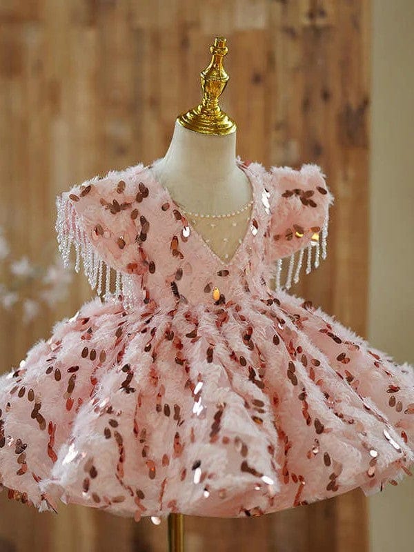 Sunnypetal Exquisite Pink Beaded Tassels Sequin Feather Knee-Length Flower Girl Dresses