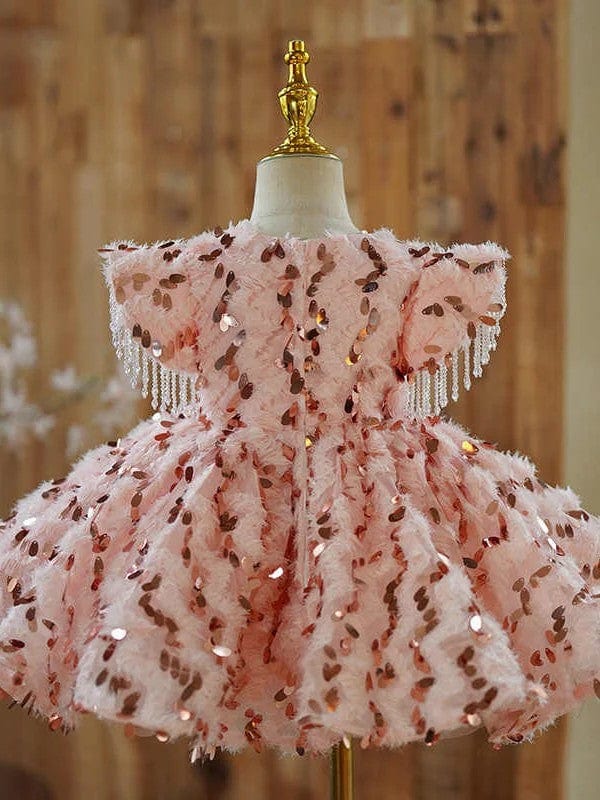 Sunnypetal Exquisite Pink Beaded Tassels Sequin Feather Knee-Length Flower Girl Dresses