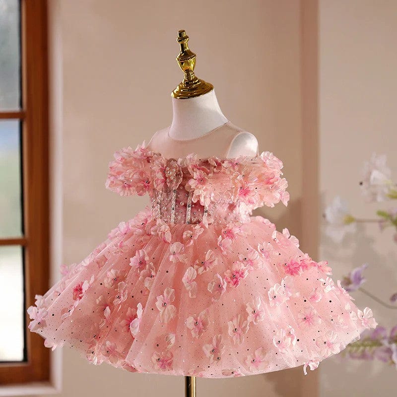 Sunnypetal Exquisite Pink Off-Shoulder 3D Flowers Ball Gown Flower Girl Dresses