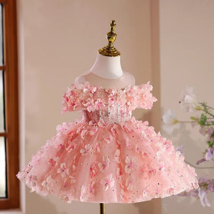 Sunnypetal Exquisite Pink Off-Shoulder 3D Flowers Ball Gown Flower Girl Dresses