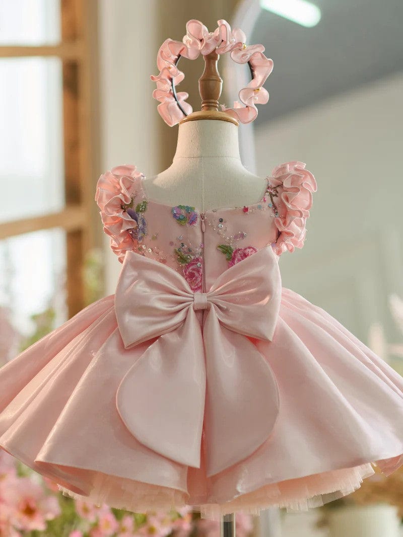 Sunnypetal Exquisite Pink Square Neck Satin Floral Embroidery Flower Girl Dresses