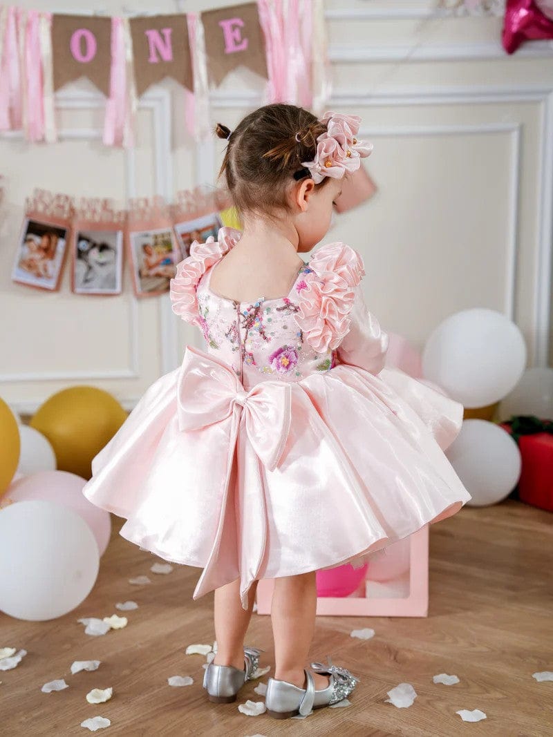 Sunnypetal Exquisite Pink Square Neck Satin Floral Embroidery Flower Girl Dresses