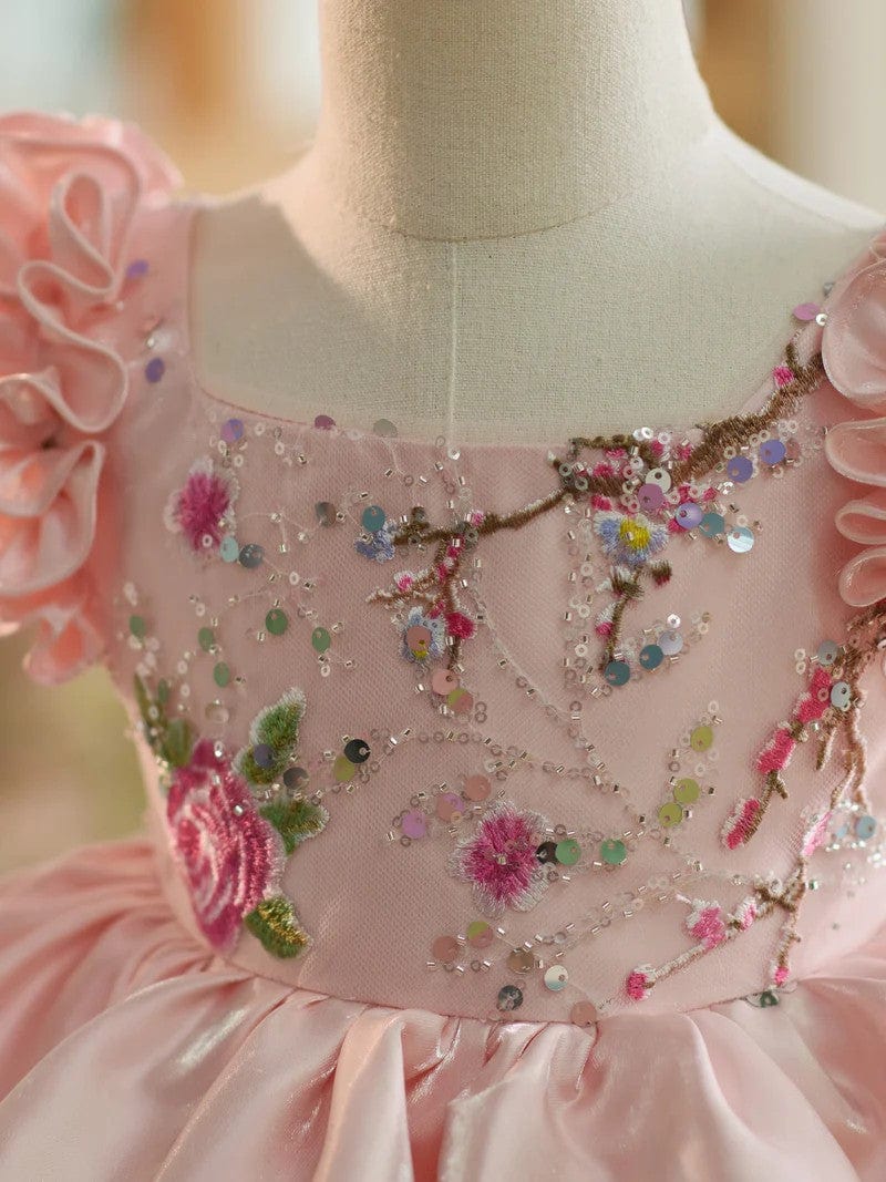 Sunnypetal Exquisite Pink Square Neck Satin Floral Embroidery Flower Girl Dresses