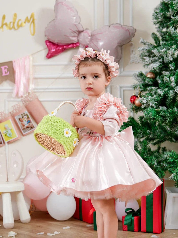 Sunnypetal Exquisite Pink Square Neck Satin Floral Embroidery Flower Girl Dresses