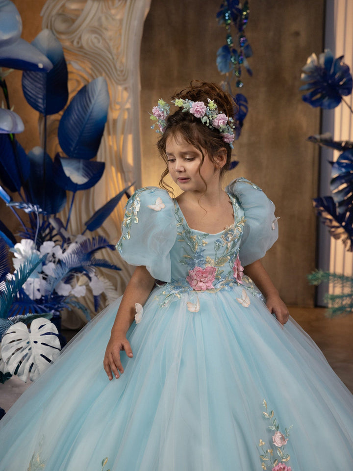 Sunnypetal Exquisite Puffy Sleeves Princess 3D Butterfly Flower Appliques Long Tulle Pageant Dress