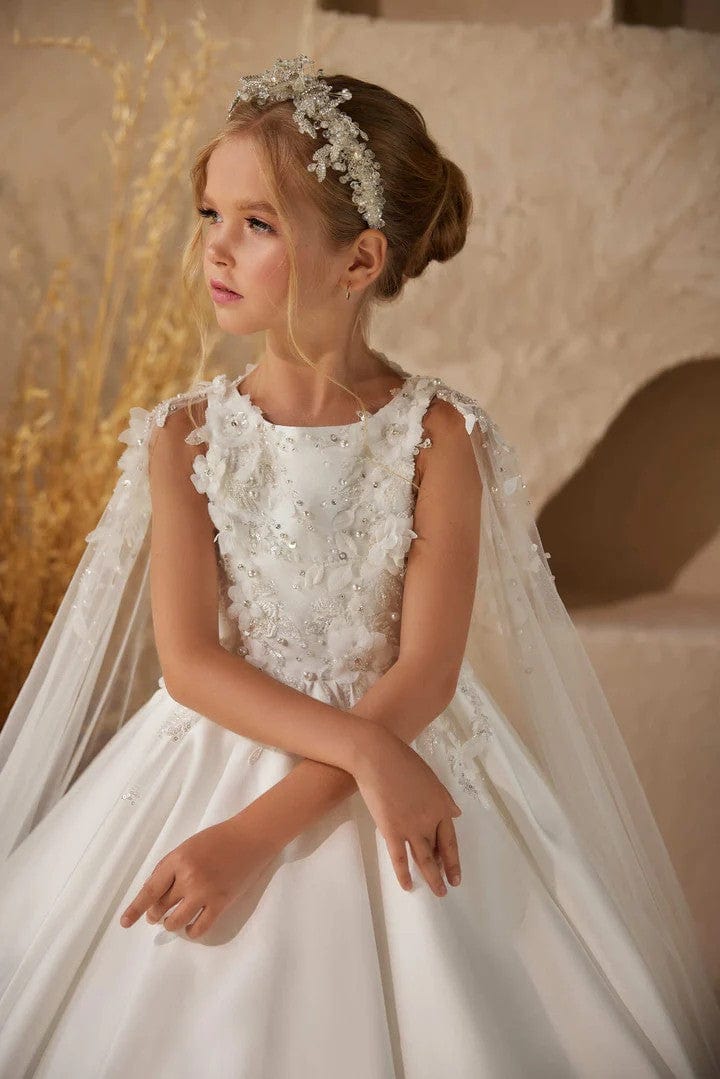 Sunnypetal Exquisite Satin Flower Girl Dresses First Communion Gown with Cloak Sleeves