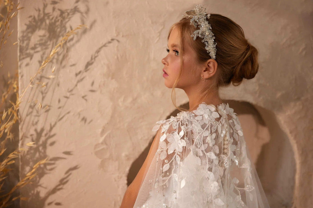 Sunnypetal Exquisite Satin Flower Girl Dresses First Communion Gown with Cloak Sleeves