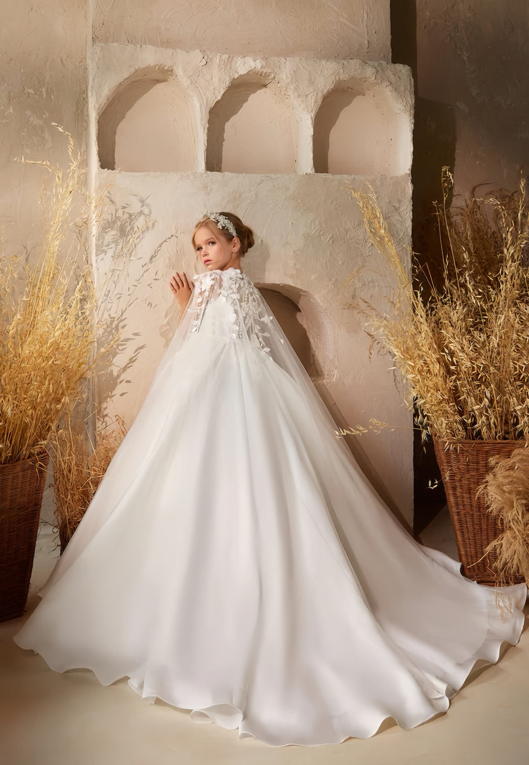 Sunnypetal Exquisite Satin Flower Girl Dresses First Communion Gown with Cloak Sleeves