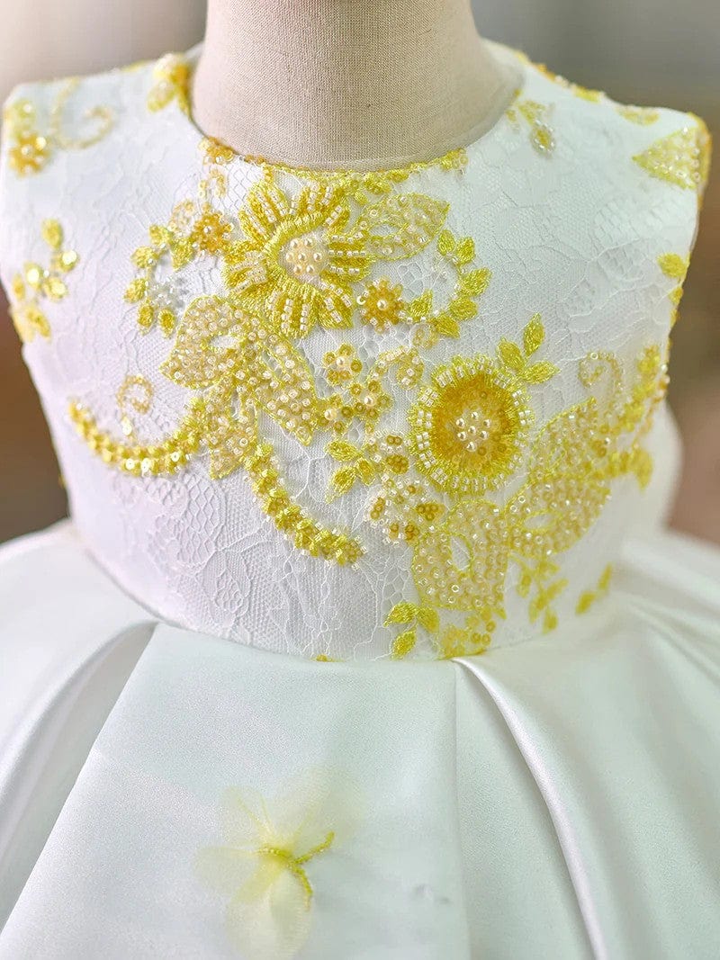 Sunnypetal Exquisite Sleeveless Lace Satin Beaded Knee Length Birthday Girl Dress