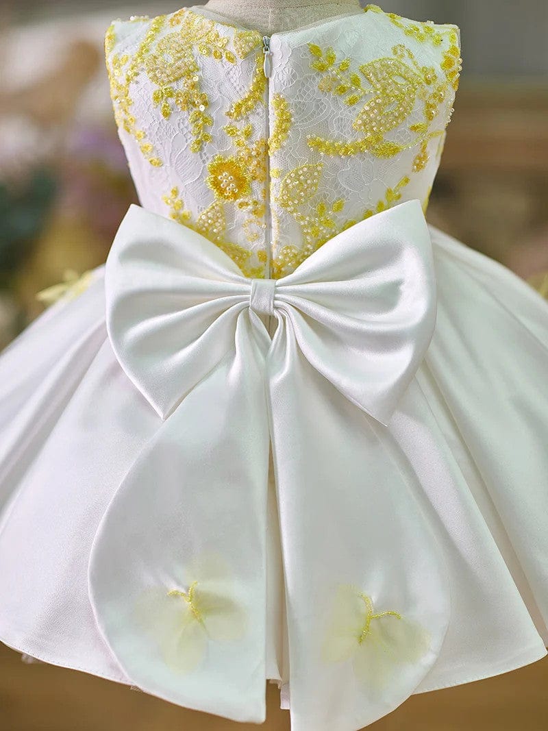 Sunnypetal Exquisite Sleeveless Lace Satin Beaded Knee Length Birthday Girl Dress