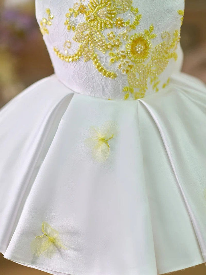 Sunnypetal Exquisite Sleeveless Lace Satin Beaded Knee Length Birthday Girl Dress