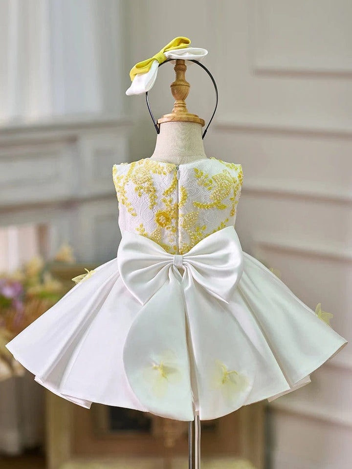 Sunnypetal Exquisite Sleeveless Lace Satin Beaded Knee Length Birthday Girl Dress