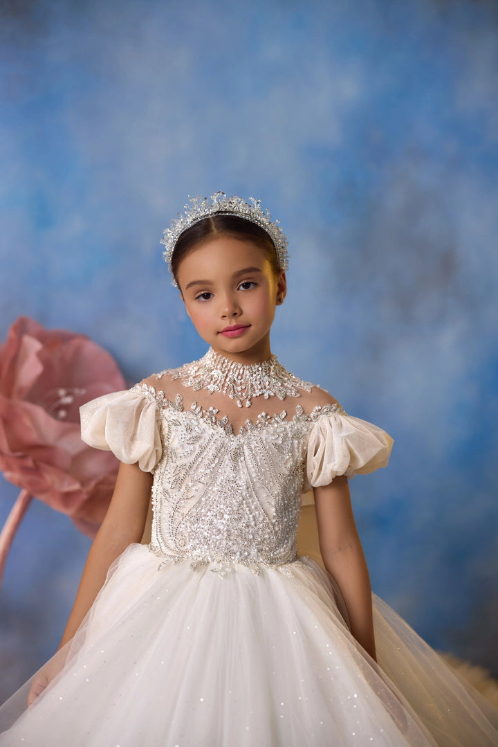Sunnypetal Fairy Bloom Puff Sleeve Layered Tulle Flower Girl Dress with Elegant Bow