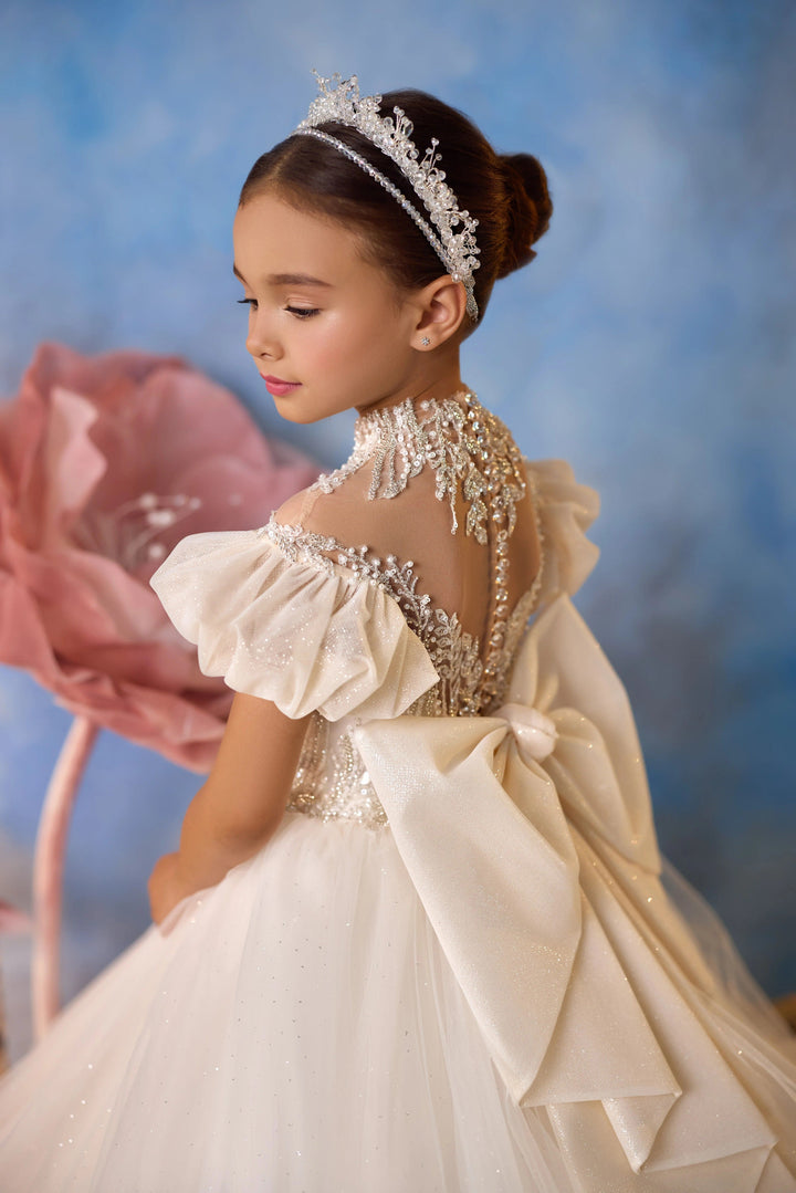 Sunnypetal Fairy Bloom Puff Sleeve Layered Tulle Flower Girl Dress with Elegant Bow