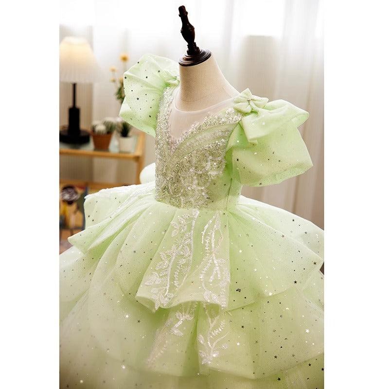 Sunnypetal Fairy Glow Mint Green Puffy Flower Girl Dress with Sparkling Layers