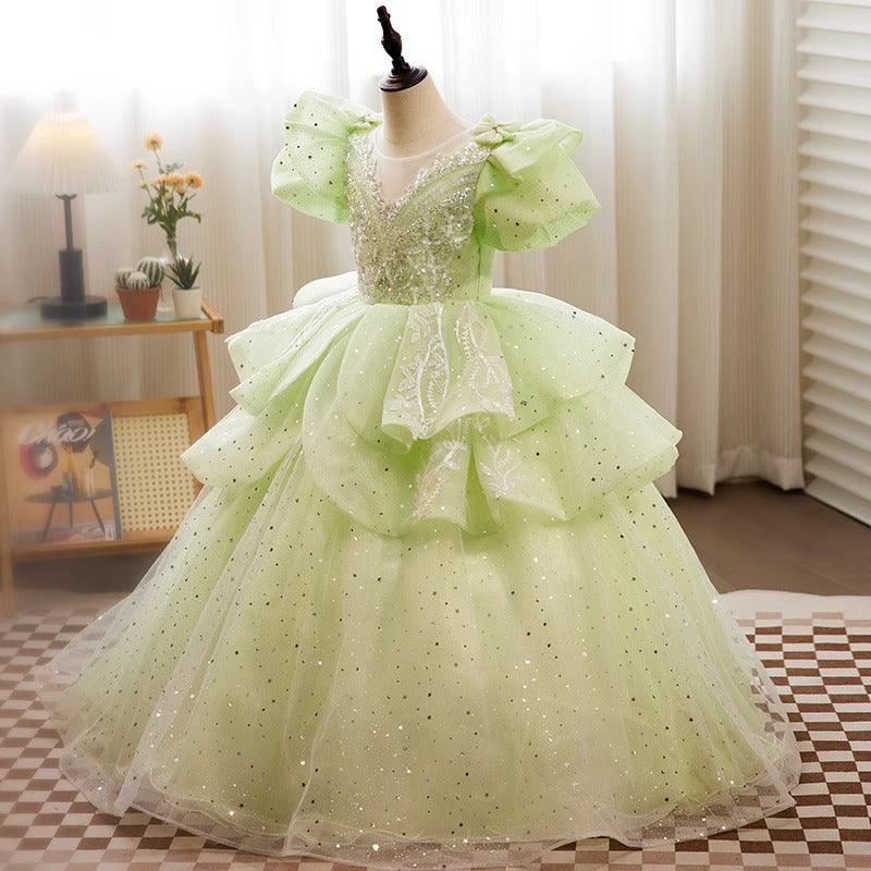 Sunnypetal Fairy Glow Mint Green Puffy Flower Girl Dress with Sparkling Layers
