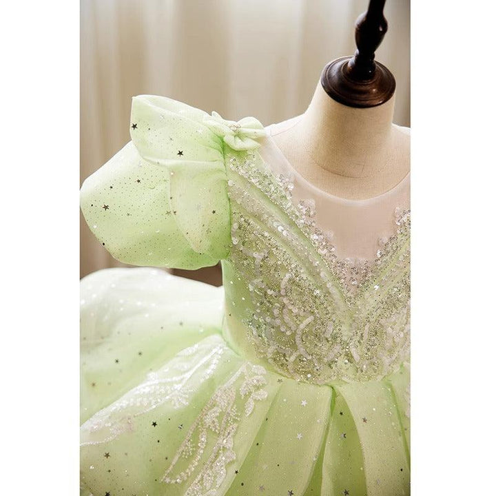 Sunnypetal Fairy Glow Mint Green Puffy Flower Girl Dress with Sparkling Layers