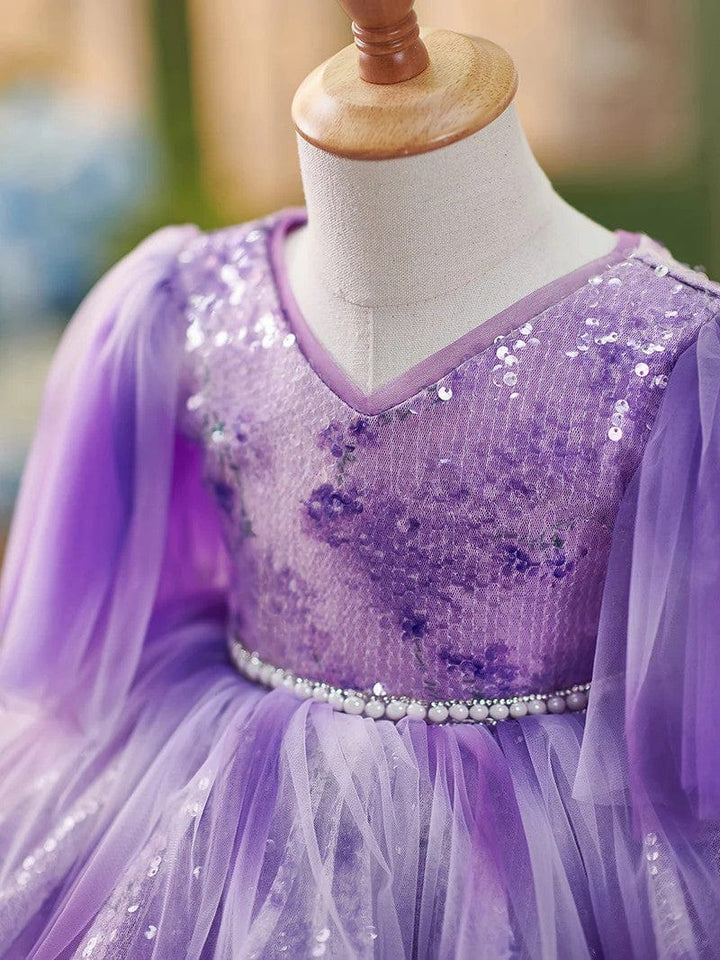 Sunnypetal Fairy-Tale Purple V-Neck Sequin Knee-Length Flower Girl Dresses