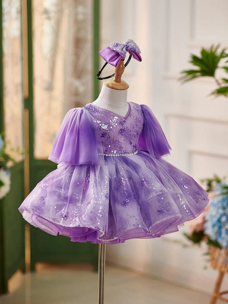 Sunnypetal Fairy-Tale Purple V-Neck Sequin Knee-Length Flower Girl Dresses