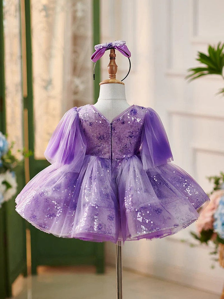 Sunnypetal Fairy-Tale Purple V-Neck Sequin Knee-Length Flower Girl Dresses