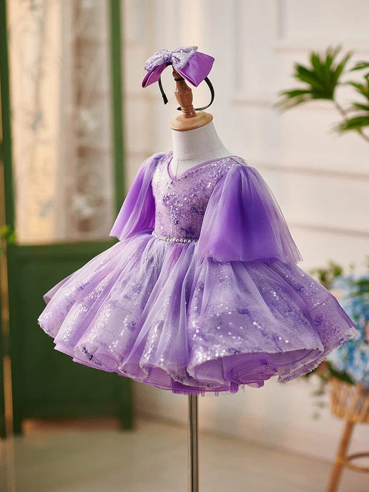 Sunnypetal Fairy-Tale Purple V-Neck Sequin Knee-Length Flower Girl Dresses