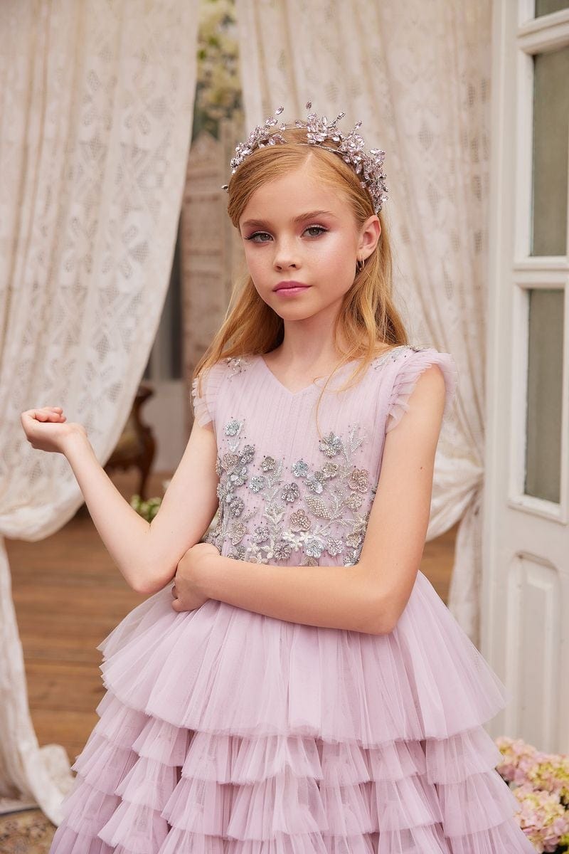 Sunnypetal Fairy-Tale Ruffled Tulle Princess Dress with Shimmering Floral Accents