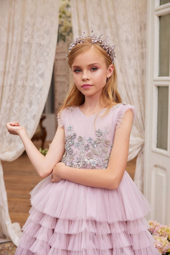 Sunnypetal Fairy-Tale Ruffled Tulle Princess Dress with Shimmering Floral Accents