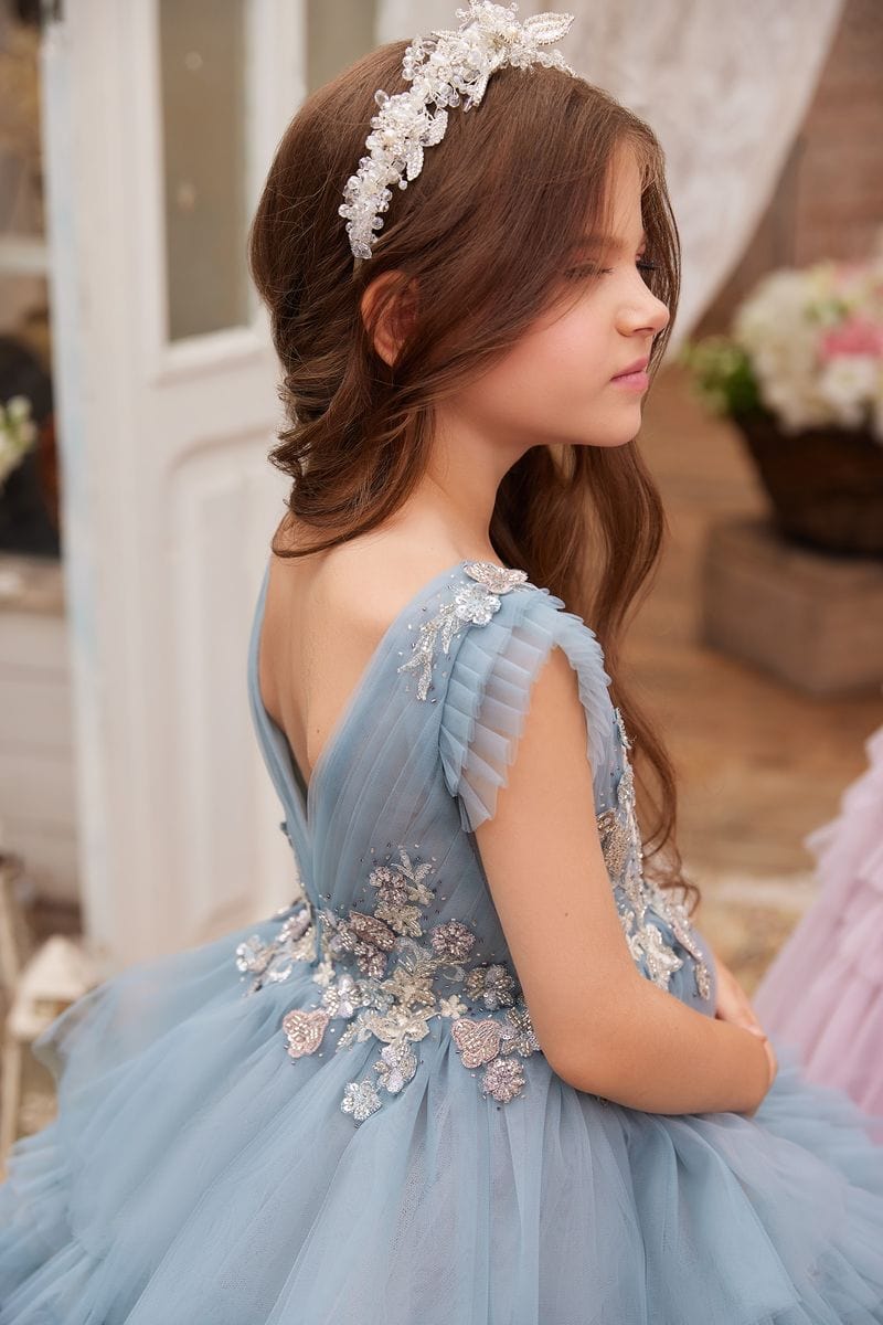 Sunnypetal Fairy-Tale Ruffled Tulle Princess Dress with Shimmering Floral Accents