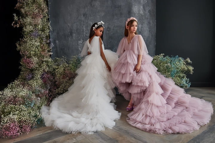 Sunnypetal Fairytale Asymmetrical Ruffle Ball Gown Tulle Flower Girl Dresses with Cape Sleeves