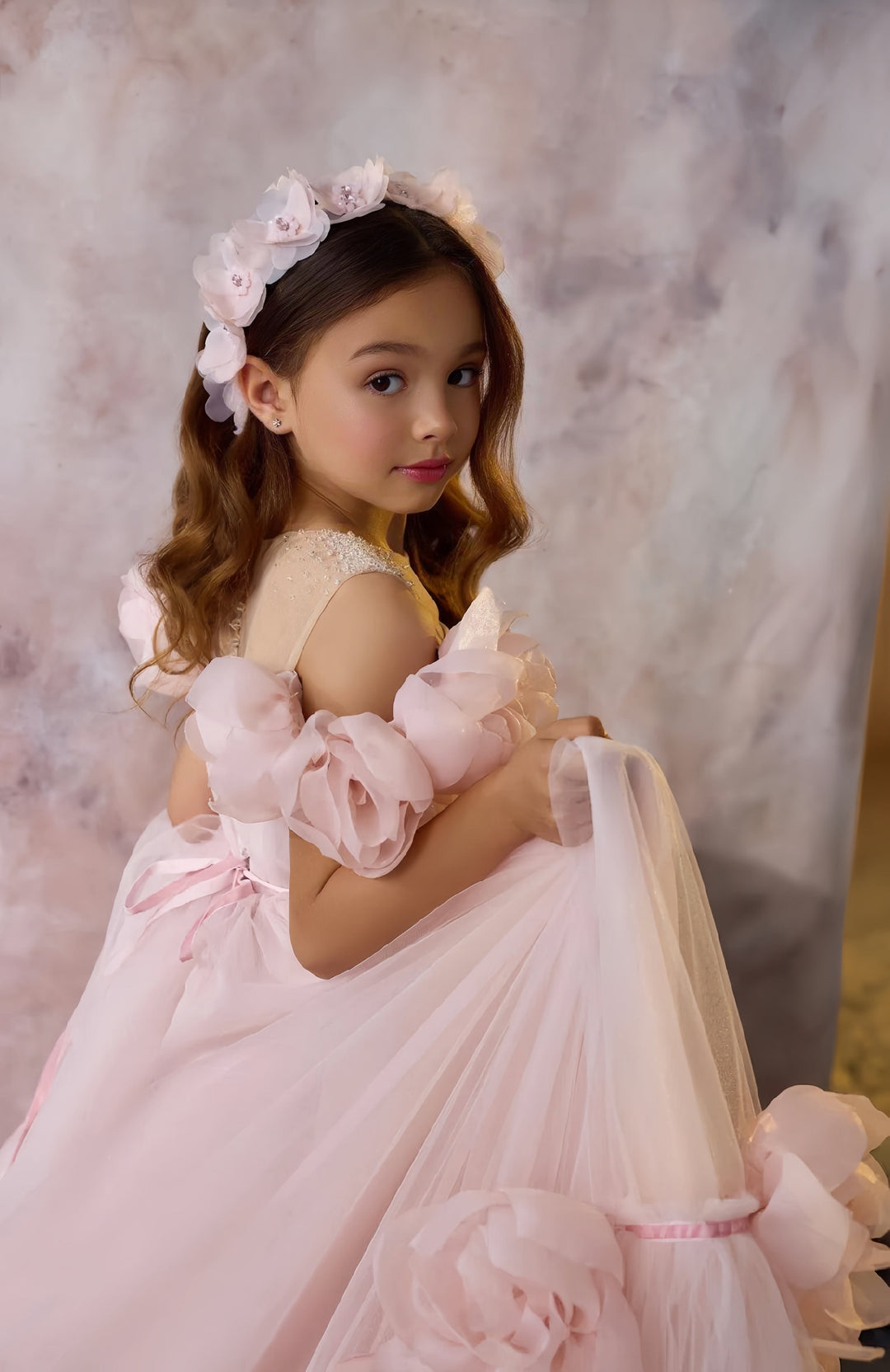 Sunnypetal Fairytale Pink Tulle Dresses Rose Petal Princess Gown with Cathedral Train
