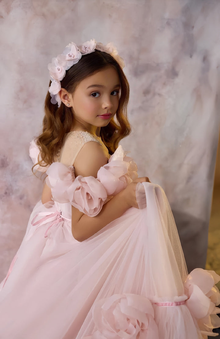 Sunnypetal Fairytale Pink Tulle Dresses Rose Petal Princess Gown with Cathedral Train