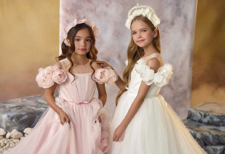 Sunnypetal Fairytale Pink Tulle Dresses Rose Petal Princess Gown with Cathedral Train