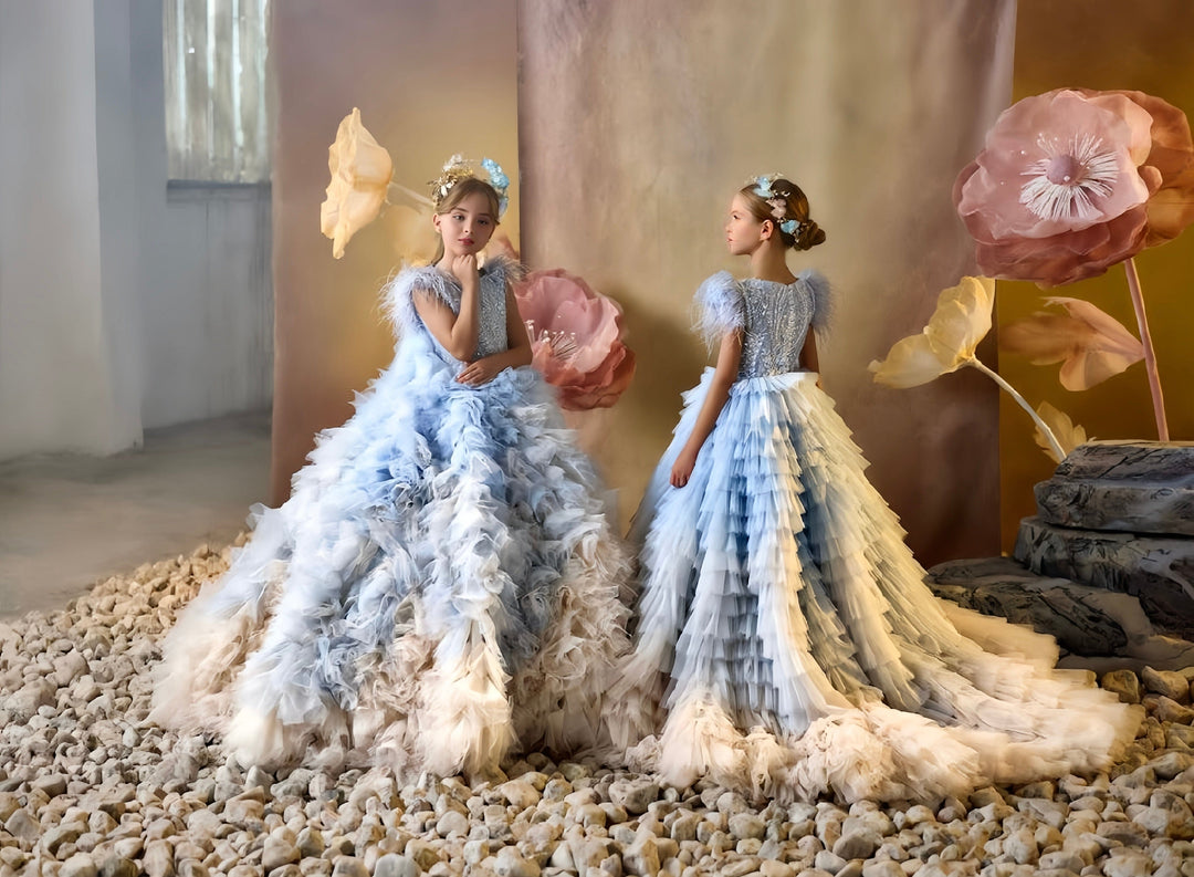 Sunnypetal Feathered Ruffle Ombre Tulle Layers Flower Girl Gown
