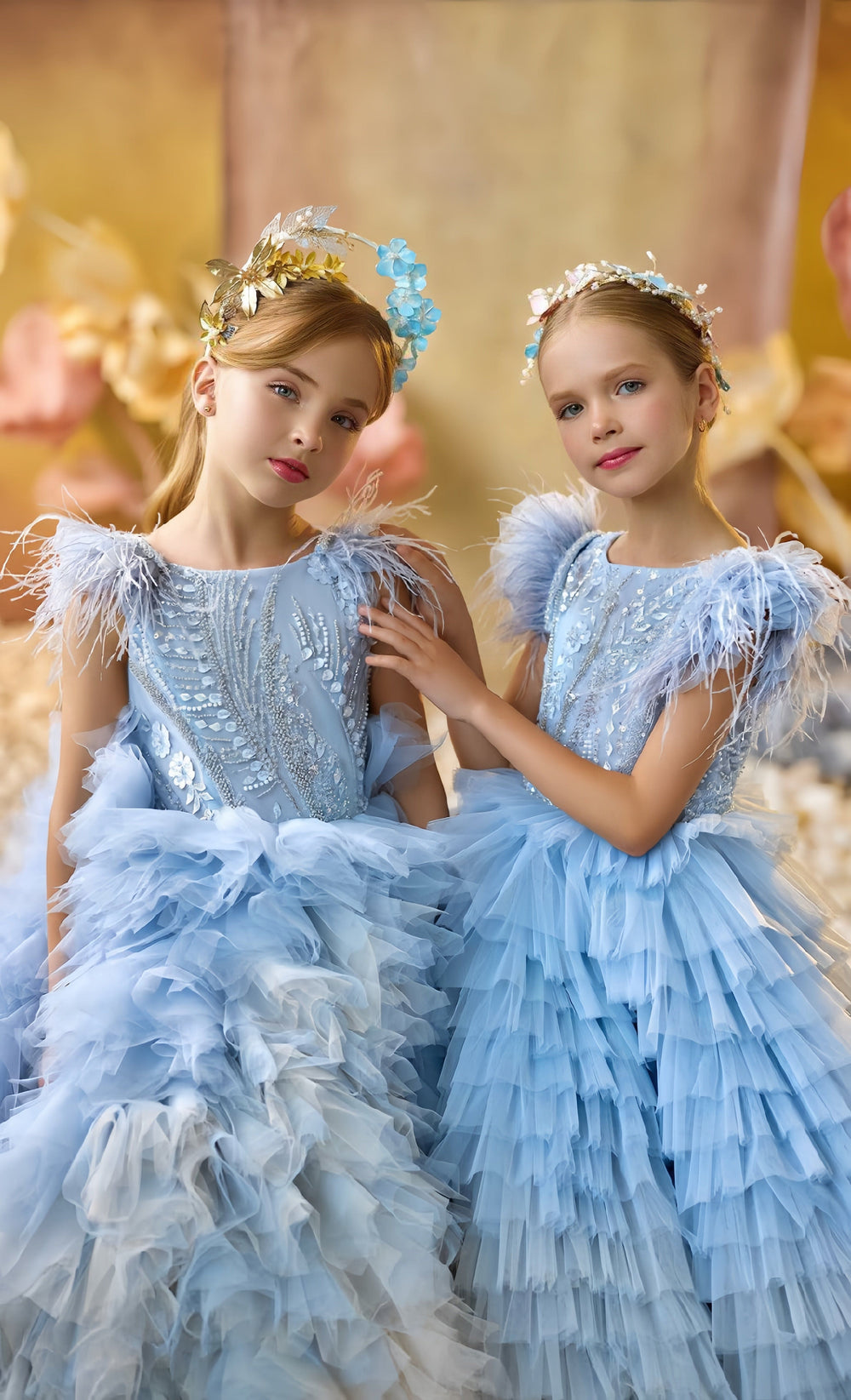 Sunnypetal Feathered Ruffle Ombre Tulle Layers Flower Girl Gown