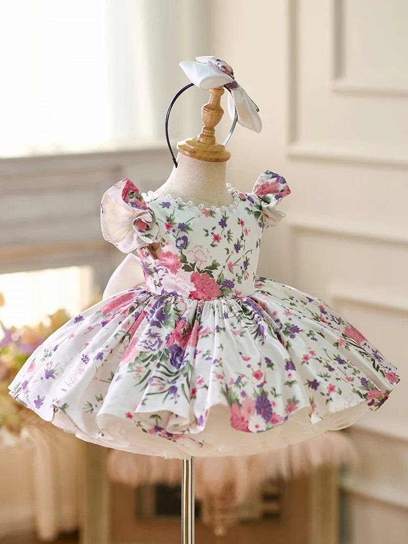 Sunnypetal Floral Puff Sleeve Flower Girl Dress with Bow – Spring Garden Princess