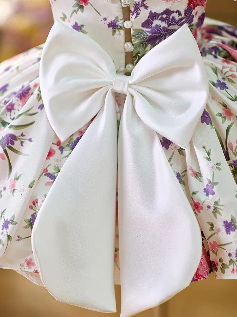 Sunnypetal Floral Puff Sleeve Flower Girl Dress with Bow – Spring Garden Princess