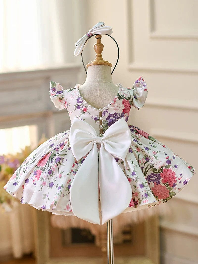 Sunnypetal Floral Puff Sleeve Flower Girl Dress with Bow – Spring Garden Princess