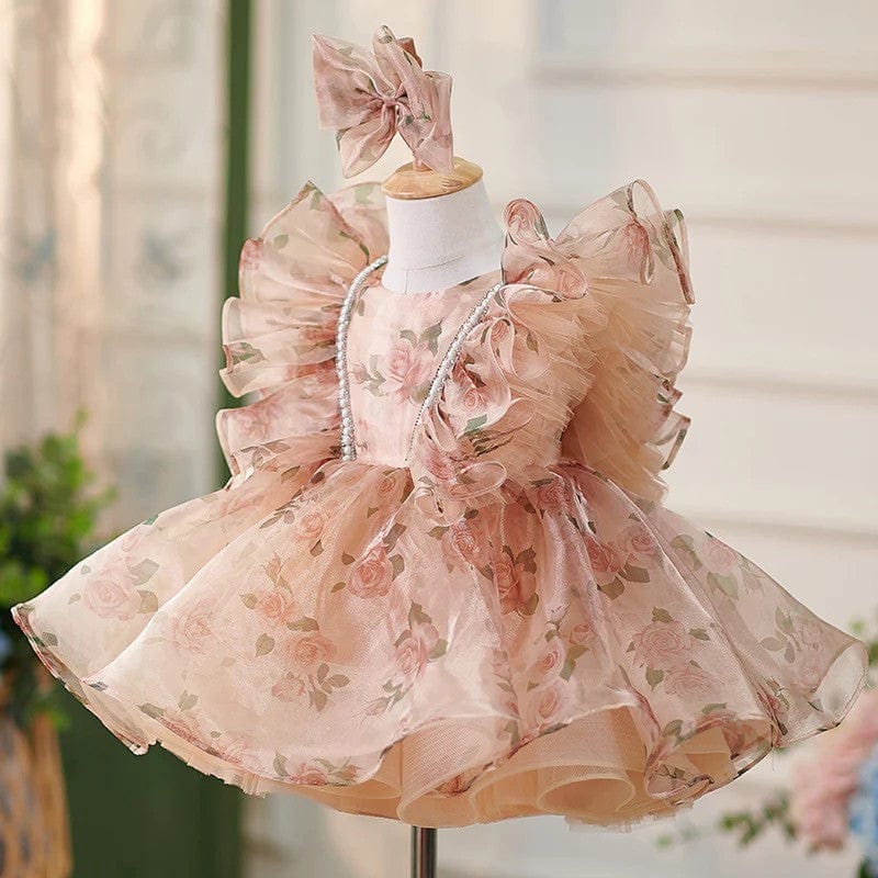 Sunnypetal Floral Puff Sleeves Pearls Knee-Length Birthday Party Baby Girl Dress