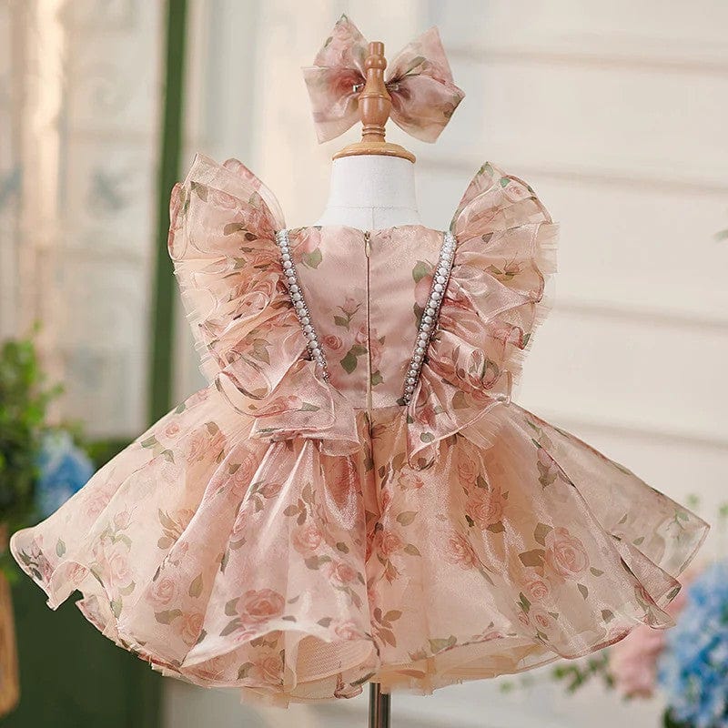 Sunnypetal Floral Puff Sleeves Pearls Knee-Length Birthday Party Baby Girl Dress