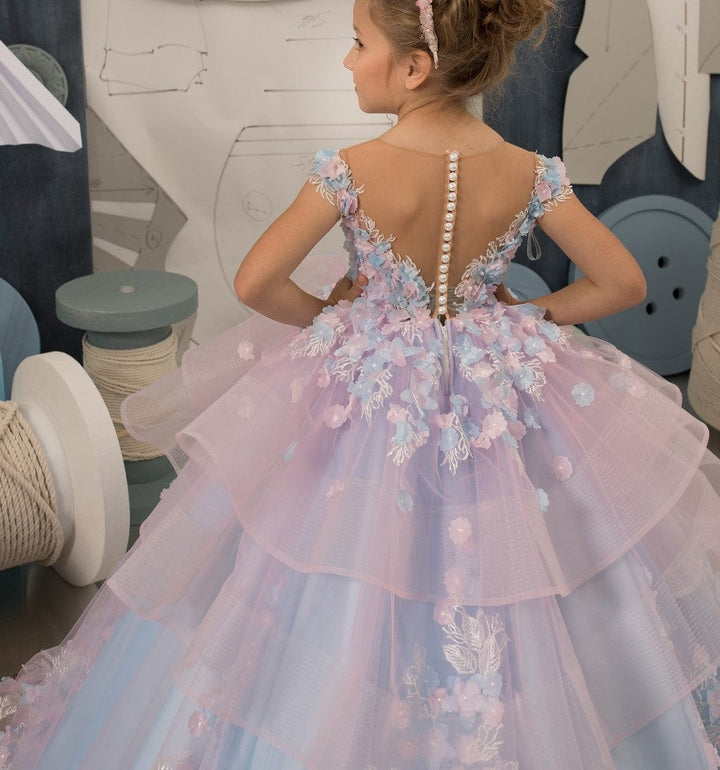 Sunnypetal Floral Tulle Lace Tiered Floor Length Flower Girl Dresses With Beading