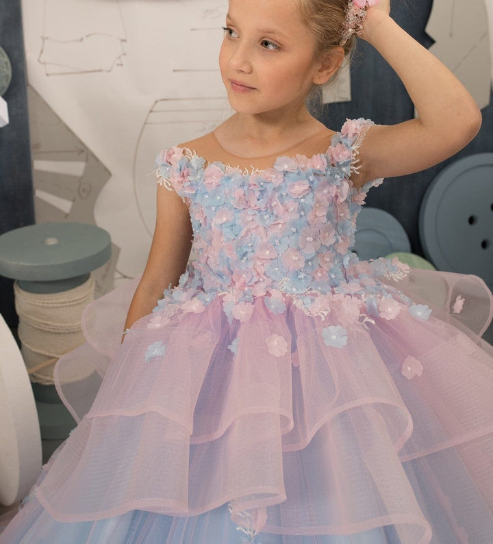 Sunnypetal Floral Tulle Lace Tiered Floor Length Flower Girl Dresses With Beading