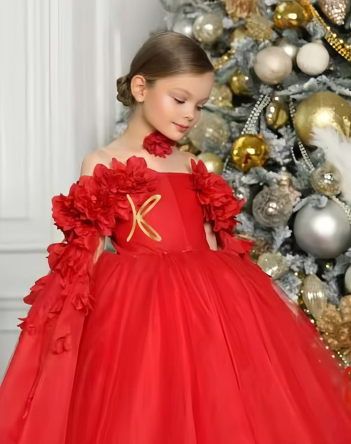 Sunnypetal Flower Girl Dress 3D Floral Off The Shoulder Tulle Birthday Kids Ball Gowns